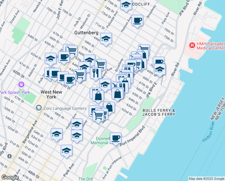 map of restaurants, bars, coffee shops, grocery stores, and more near 122 64th Street in West New York