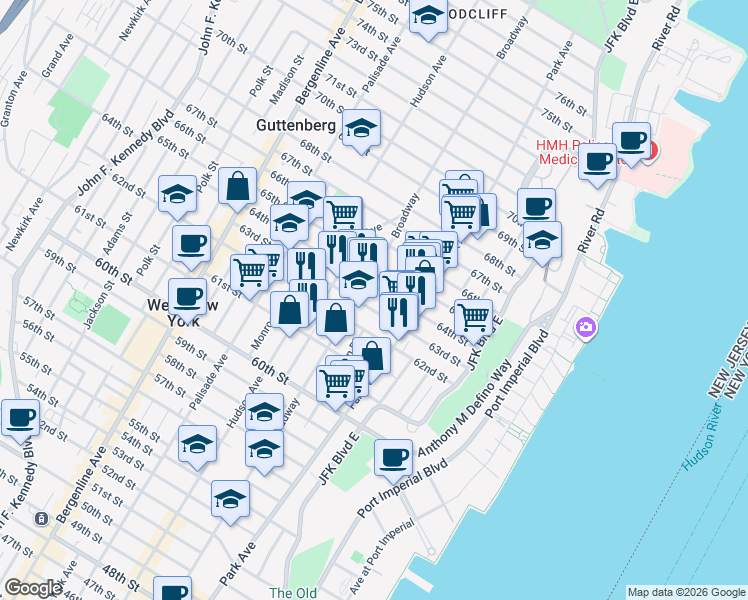 map of restaurants, bars, coffee shops, grocery stores, and more near 6304 Broadway in West New York