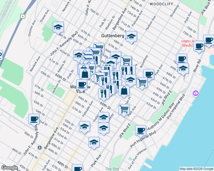 map of restaurants, bars, coffee shops, grocery stores, and more near 311 62nd Street in West New York
