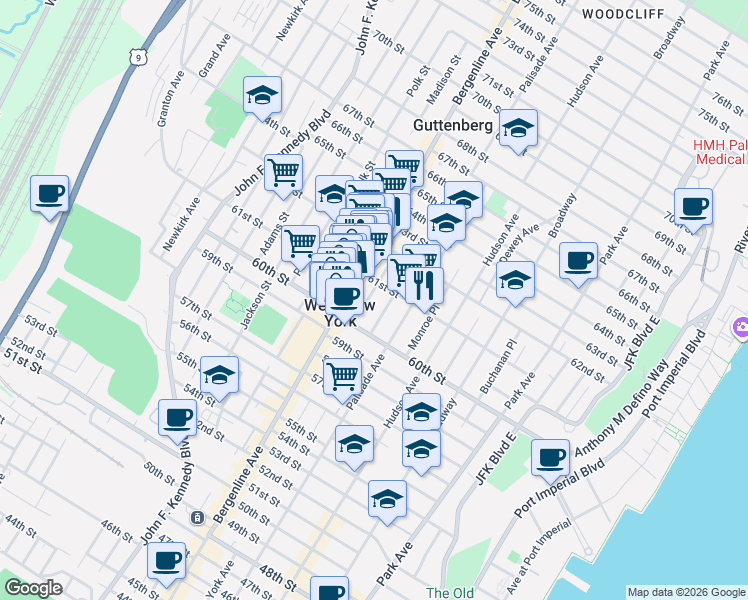 map of restaurants, bars, coffee shops, grocery stores, and more near 429 61st Street in West New York