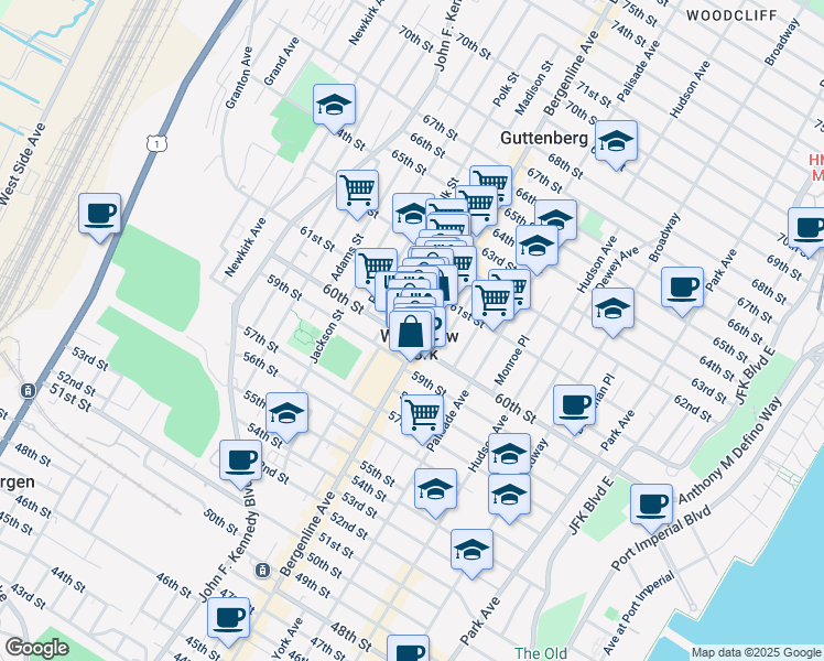 map of restaurants, bars, coffee shops, grocery stores, and more near 6103 Bergenline Avenue in West New York