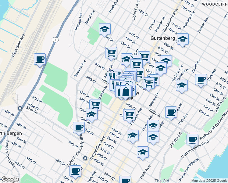 map of restaurants, bars, coffee shops, grocery stores, and more near 6000 Madison Street in West New York