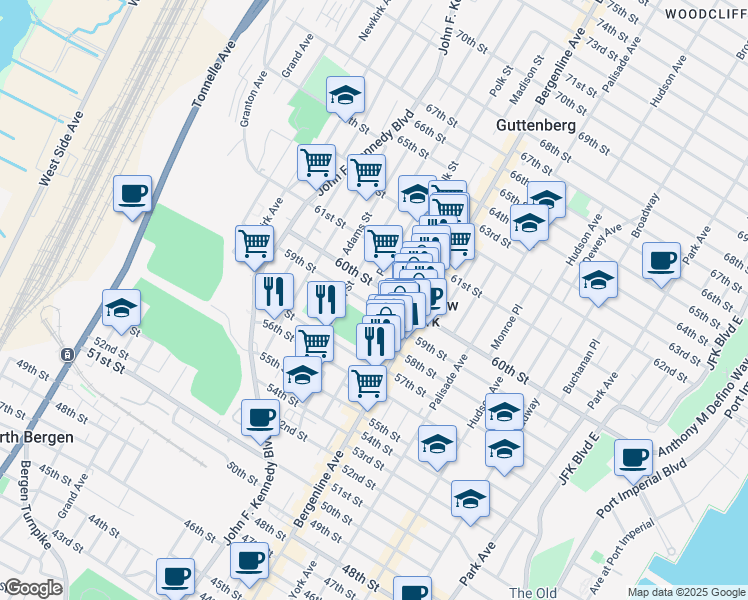 map of restaurants, bars, coffee shops, grocery stores, and more near 566 59th Street in West New York
