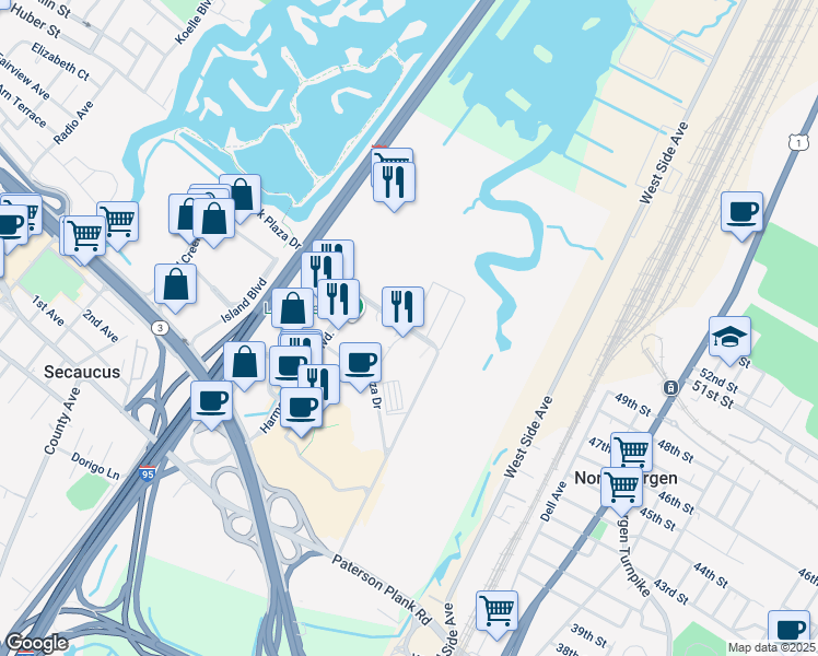 map of restaurants, bars, coffee shops, grocery stores, and more near 110 Park Plaza Drive in Secaucus