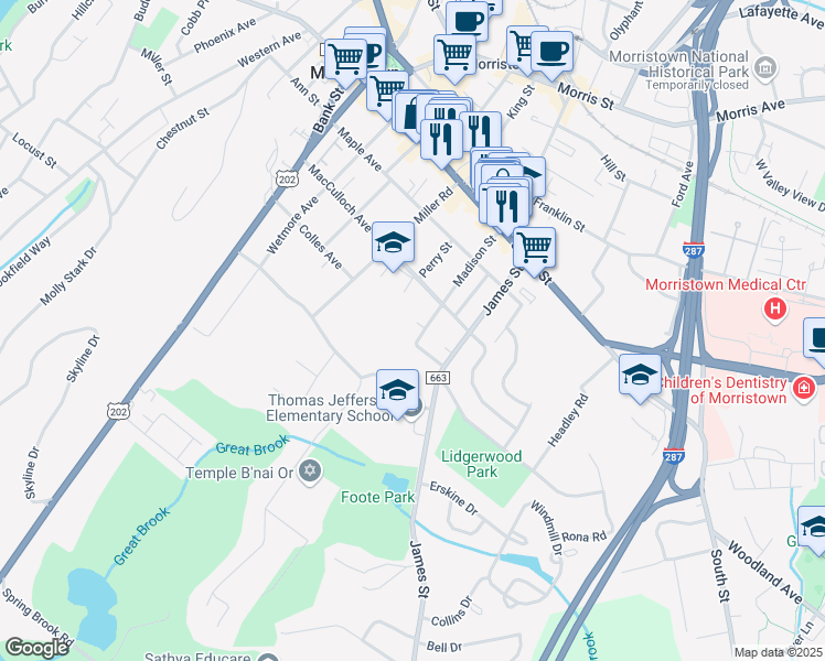 map of restaurants, bars, coffee shops, grocery stores, and more near 67 Madison Street in Morristown