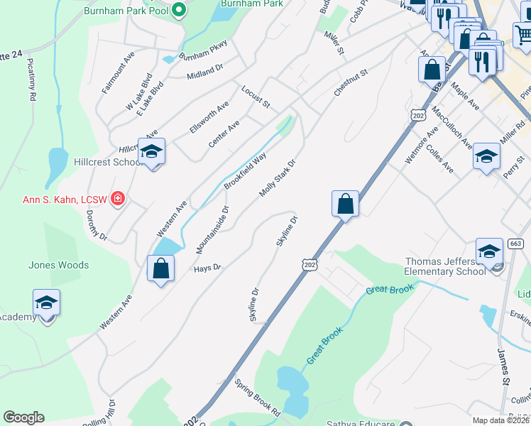 map of restaurants, bars, coffee shops, grocery stores, and more near 15 Molly Stark Drive in Morristown