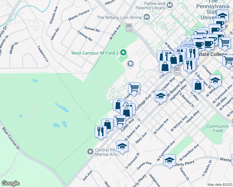 map of restaurants, bars, coffee shops, grocery stores, and more near  in State College