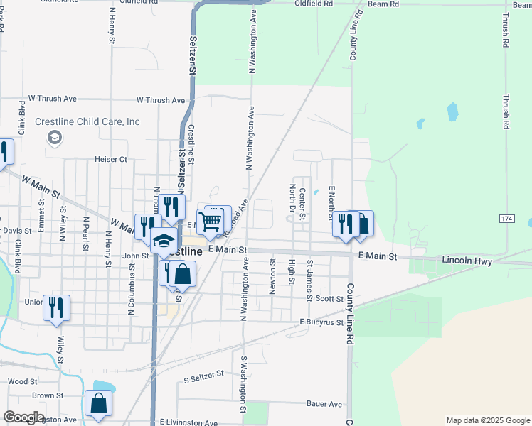map of restaurants, bars, coffee shops, grocery stores, and more near 561 East North Street in Crestline
