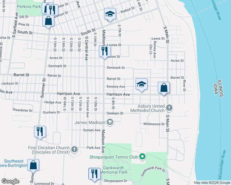 map of restaurants, bars, coffee shops, grocery stores, and more near 720 Harrison Avenue in Burlington