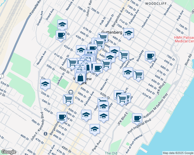 map of restaurants, bars, coffee shops, grocery stores, and more near 6052 Tyler Place in West New York
