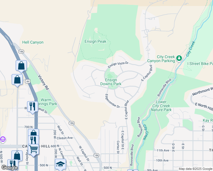 map of restaurants, bars, coffee shops, grocery stores, and more near 67 Dorchester Drive in Salt Lake City