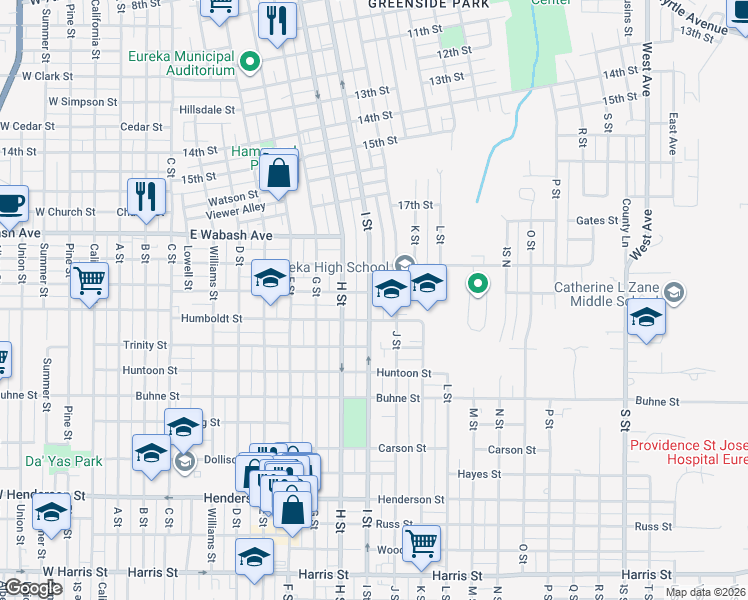 map of restaurants, bars, coffee shops, grocery stores, and more near 2017 I Street in Eureka