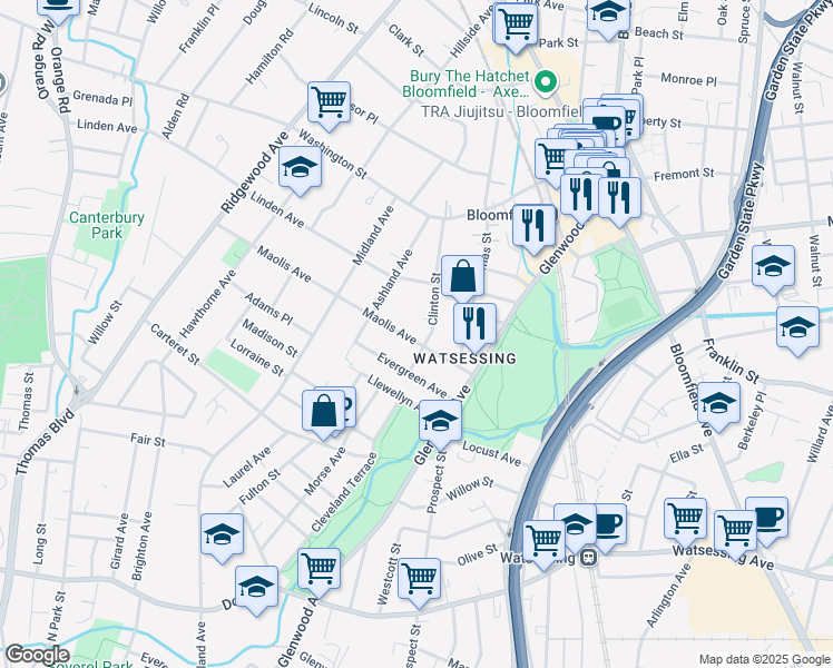 map of restaurants, bars, coffee shops, grocery stores, and more near 53 Maolis Avenue in Bloomfield