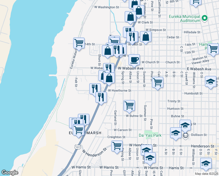 map of restaurants, bars, coffee shops, grocery stores, and more near in Eureka