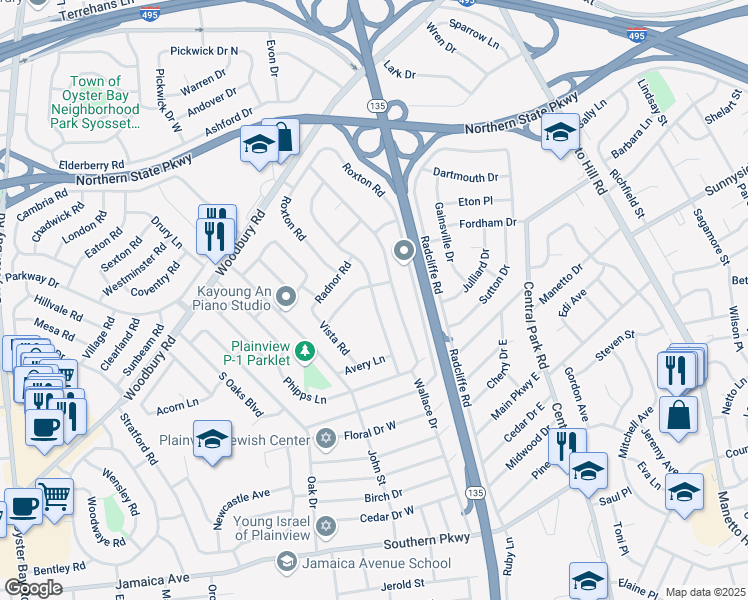 map of restaurants, bars, coffee shops, grocery stores, and more near 49 Glenwood Road in Plainview