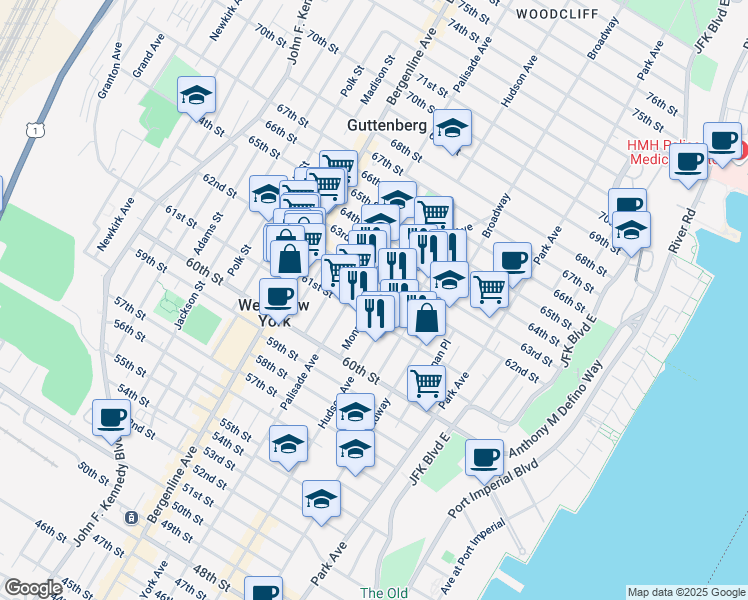 map of restaurants, bars, coffee shops, grocery stores, and more near 311 62nd Street in West New York