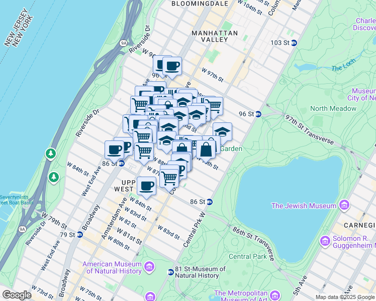 map of restaurants, bars, coffee shops, grocery stores, and more near 105 West 90th Street in New York