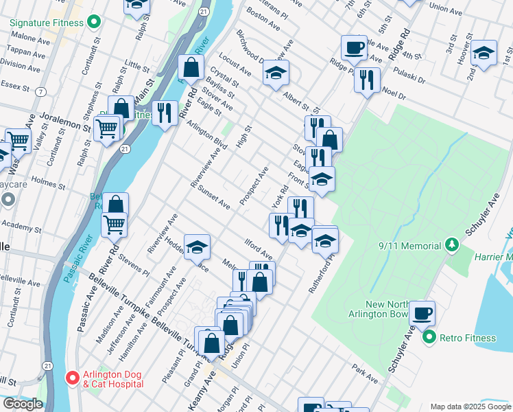 map of restaurants, bars, coffee shops, grocery stores, and more near 59 Belmount Ave in North Arlington