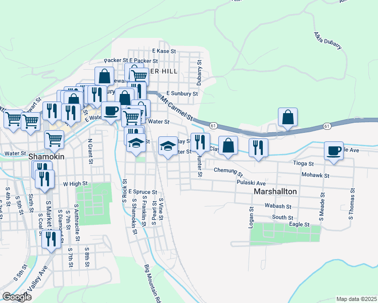 map of restaurants, bars, coffee shops, grocery stores, and more near 201 North Lombard Street in Shamokin