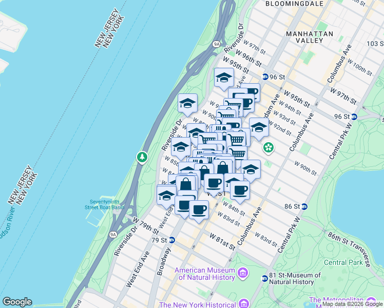 map of restaurants, bars, coffee shops, grocery stores, and more near 313 West 86th Street in New York