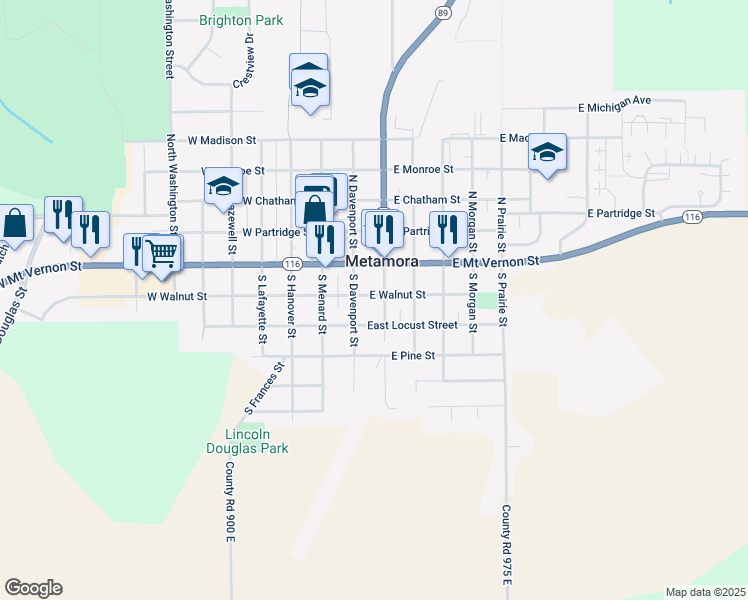 map of restaurants, bars, coffee shops, grocery stores, and more near 216 East Walnut Street in Metamora
