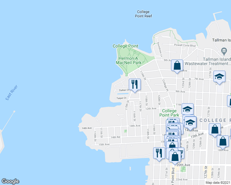 map of restaurants, bars, coffee shops, grocery stores, and more near 114-20 Dalian Court in Queens