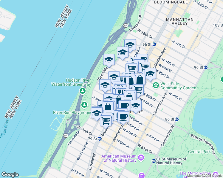 map of restaurants, bars, coffee shops, grocery stores, and more near 305 West 86th Street in New York