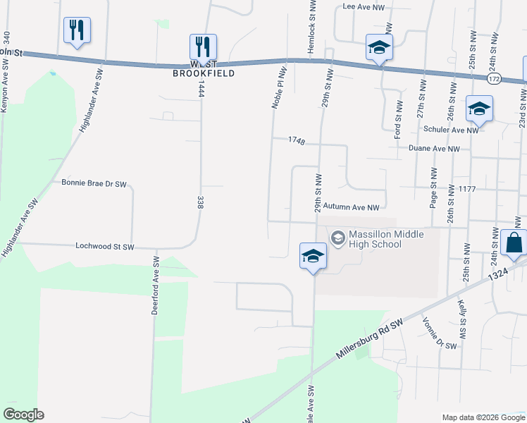 map of restaurants, bars, coffee shops, grocery stores, and more near 330 Noble Place Northwest in Massillon