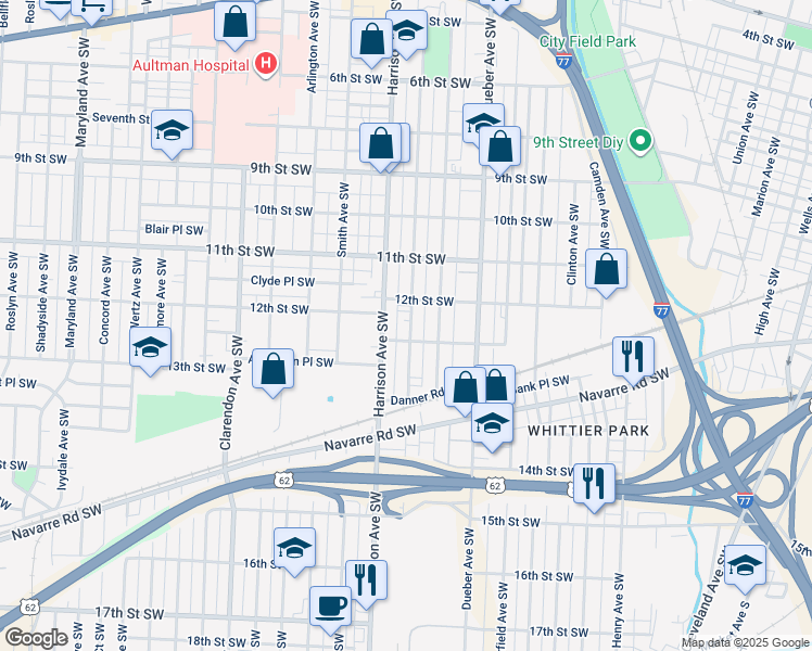 map of restaurants, bars, coffee shops, grocery stores, and more near 1225 Greenfield Avenue Southwest in Canton