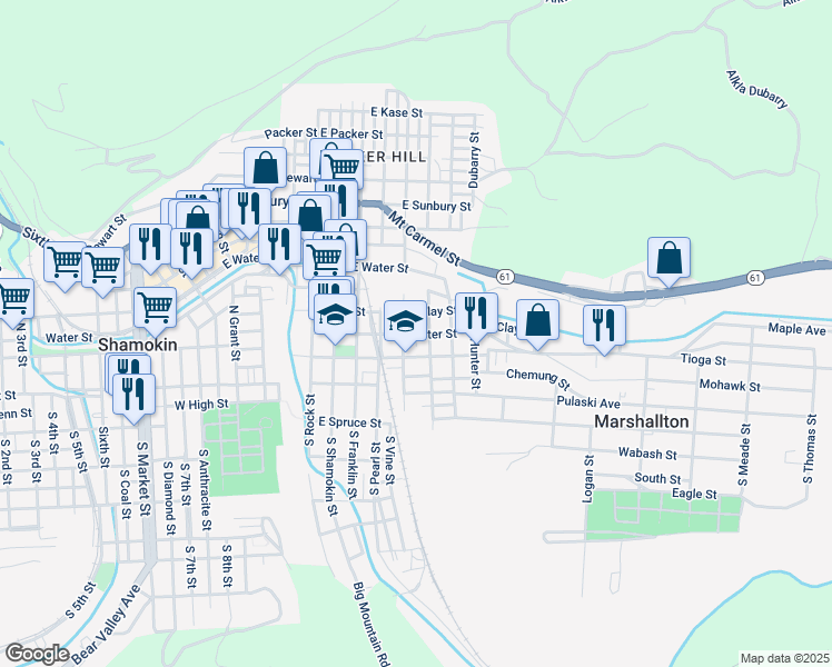 map of restaurants, bars, coffee shops, grocery stores, and more near Apple Street in Shamokin