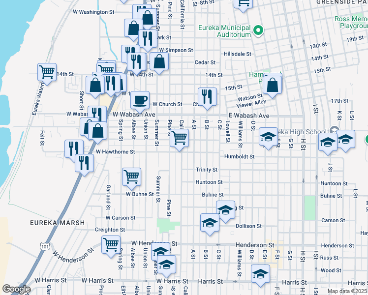 map of restaurants, bars, coffee shops, grocery stores, and more near 2025 California Street in Eureka