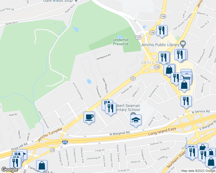 map of restaurants, bars, coffee shops, grocery stores, and more near 1 Holiday Pond Road in Jericho