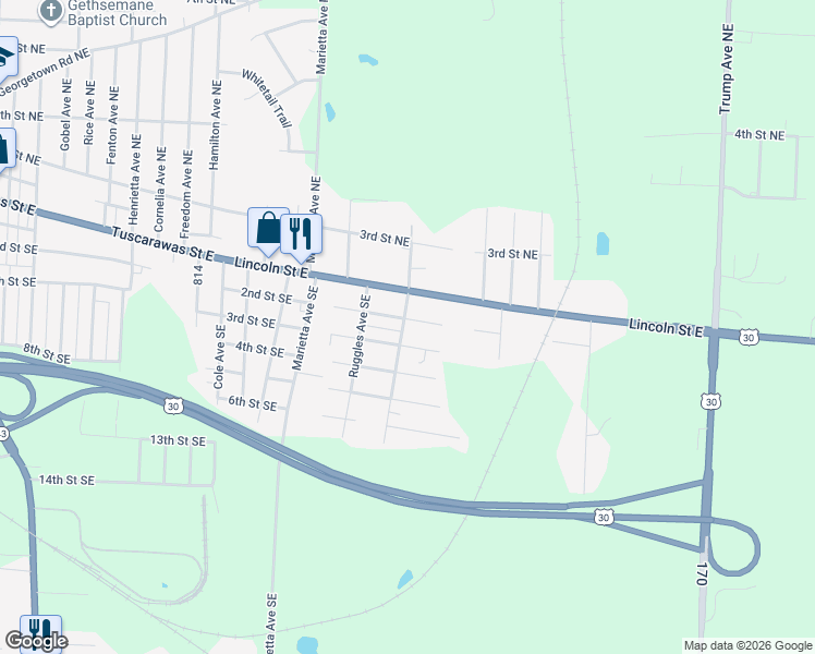 map of restaurants, bars, coffee shops, grocery stores, and more near 3128 2nd Street Southeast in Canton