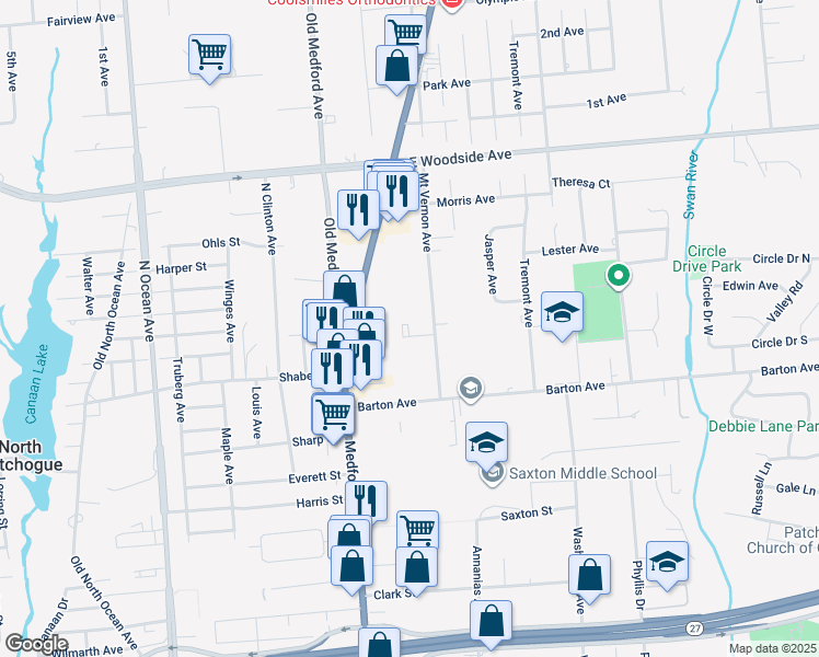 map of restaurants, bars, coffee shops, grocery stores, and more near 74 Mount Vernon Avenue in Patchogue