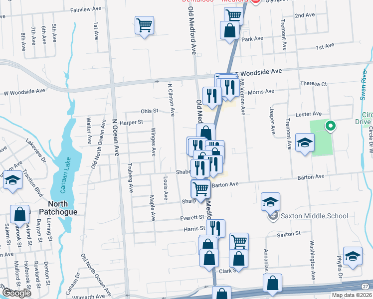 map of restaurants, bars, coffee shops, grocery stores, and more near 19 Katy Street in Patchogue