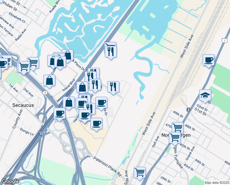 map of restaurants, bars, coffee shops, grocery stores, and more near 110 Park Plaza Drive in Secaucus