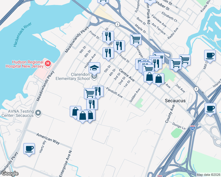 map of restaurants, bars, coffee shops, grocery stores, and more near 226 Pandolfi Avenue in Secaucus