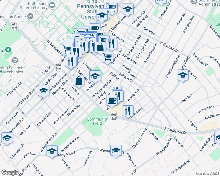 map of restaurants, bars, coffee shops, grocery stores, and more near 517 South Fraser Street in State College