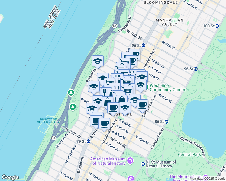 map of restaurants, bars, coffee shops, grocery stores, and more near 265 West 87th Street in New York