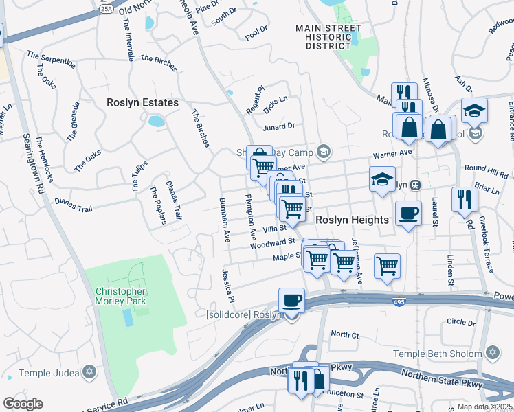 map of restaurants, bars, coffee shops, grocery stores, and more near 52 Willow Street in Roslyn Heights