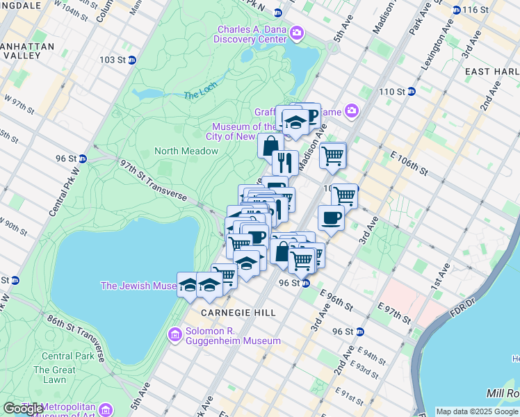 map of restaurants, bars, coffee shops, grocery stores, and more near 1176 5th Avenue in New York