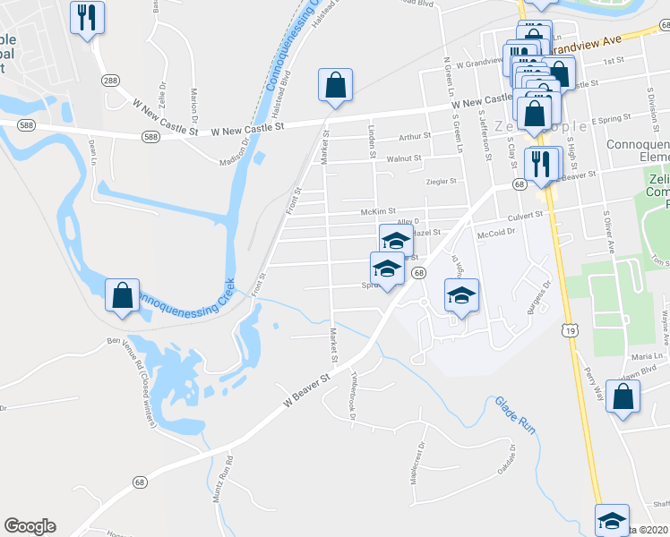 map of restaurants, bars, coffee shops, grocery stores, and more near 217 Pine Street in Zelienople