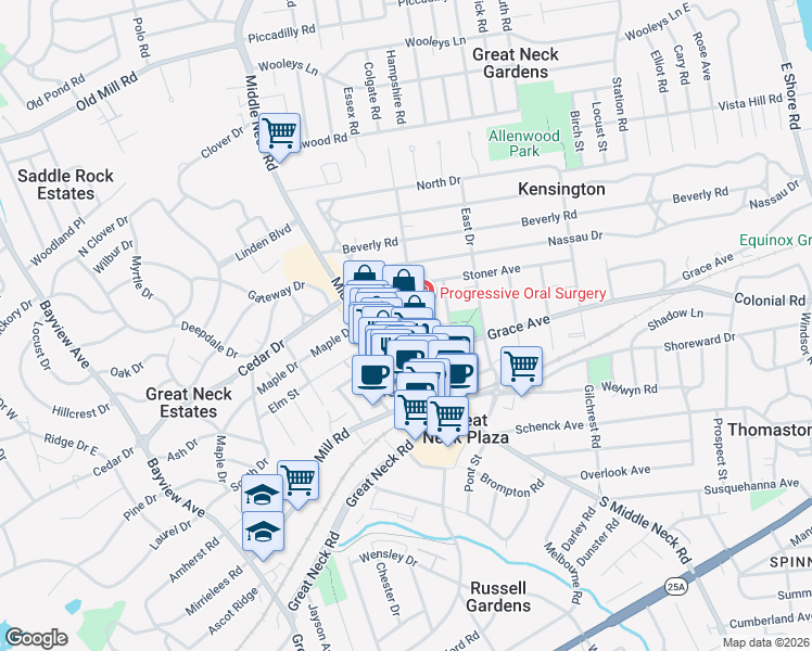 map of restaurants, bars, coffee shops, grocery stores, and more near 4 Maple Drive in Great Neck