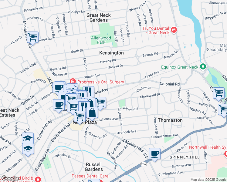 map of restaurants, bars, coffee shops, grocery stores, and more near 70 Grace Avenue in Great Neck Plaza