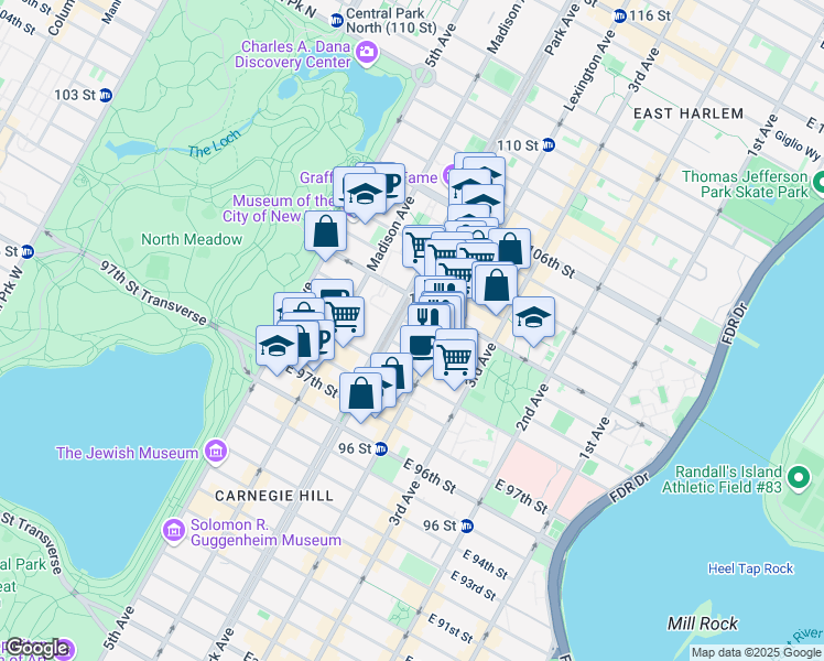 map of restaurants, bars, coffee shops, grocery stores, and more near 114 East 101st Street in New York