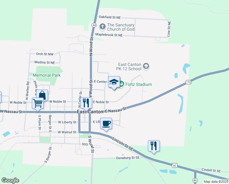 map of restaurants, bars, coffee shops, grocery stores, and more near 310 Willow Street in East Canton