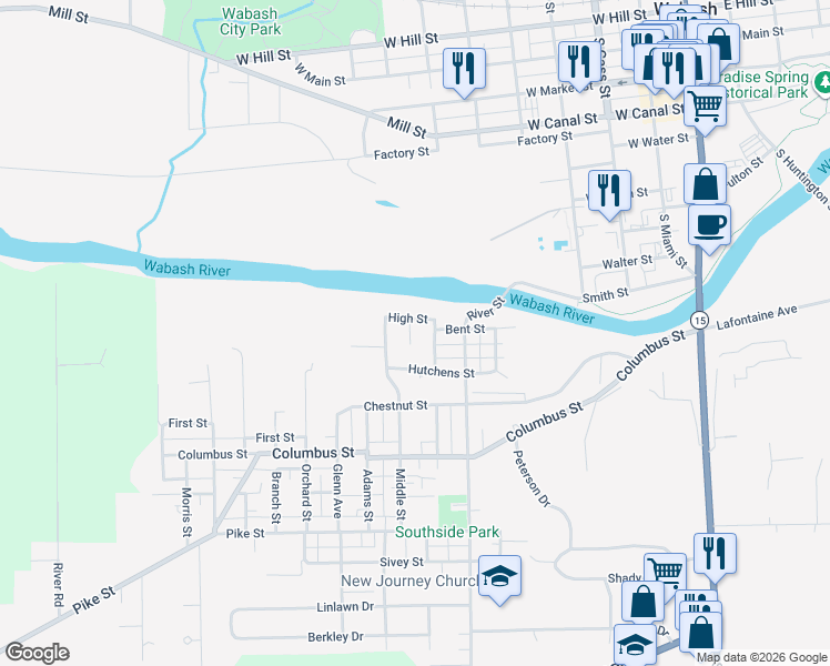 map of restaurants, bars, coffee shops, grocery stores, and more near 1001 Coble Street in Wabash