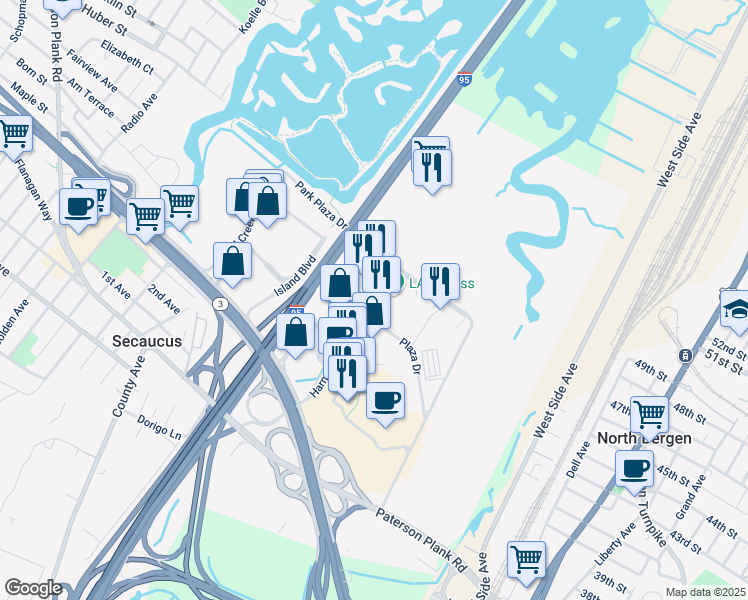 map of restaurants, bars, coffee shops, grocery stores, and more near 470 Harmon Meadow Boulevard in Secaucus
