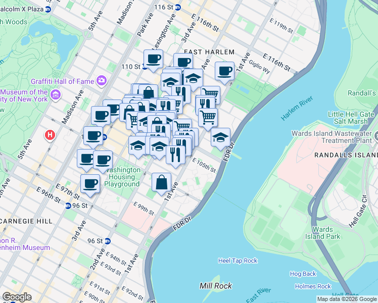 map of restaurants, bars, coffee shops, grocery stores, and more near 2041 1st Avenue in New York
