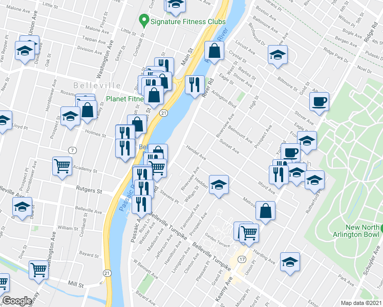map of restaurants, bars, coffee shops, grocery stores, and more near 135 Bathurst Avenue in North Arlington
